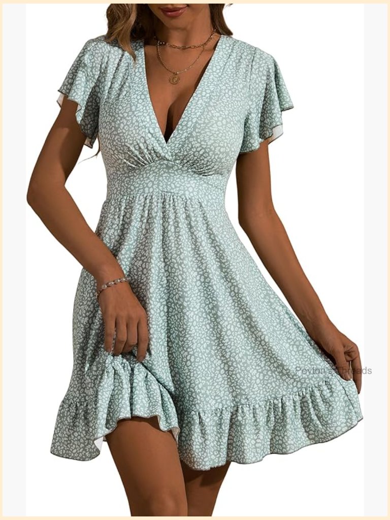 Floral Cap Sleeve Wrap V Neck Ruffle A-Line Sun Dress